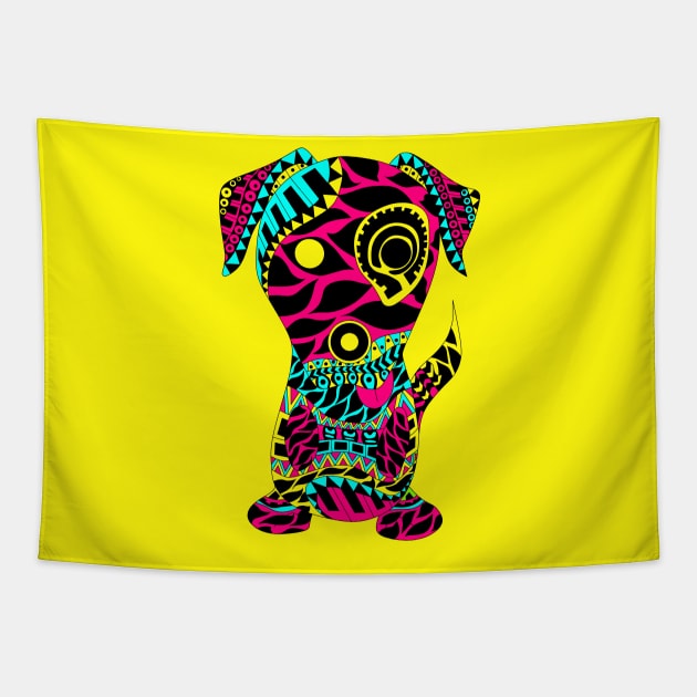 tribal dog with rasta love tattoo ecopop in yellow art Tapestry by jorge_lebeau