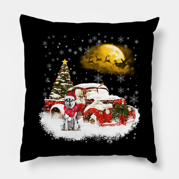 Red Truck Xmas Tree Husky Christmas Pillow by Benko Clarence