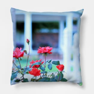 Red Roses in Front of a White Gazebo Pillow