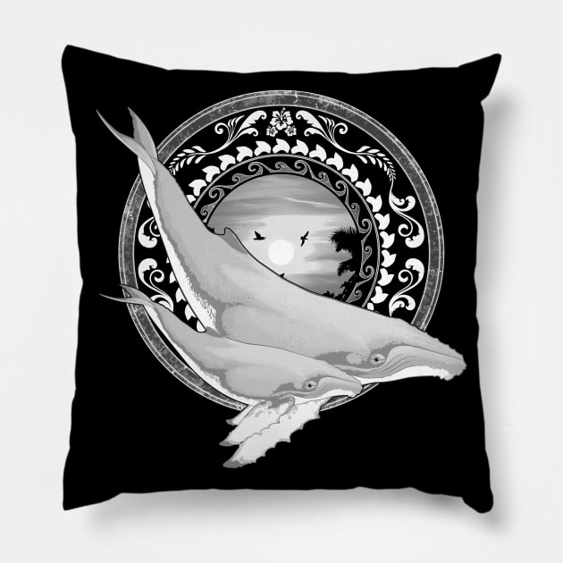 Humpback Whales on Tropical Sunset Pillow by NicGrayTees