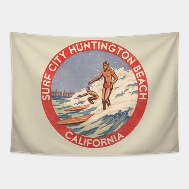 Retro Huntington Beach CA 70s Surf City Souvenir Tapestry by darklordpug