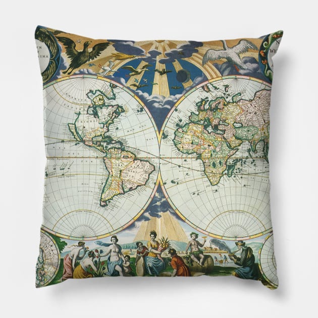 Antique World Map by Pieter Goos, 1666 Pillow by MasterpieceCafe