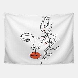 Minimal Woman line art. One line woman face and flower. Tapestry