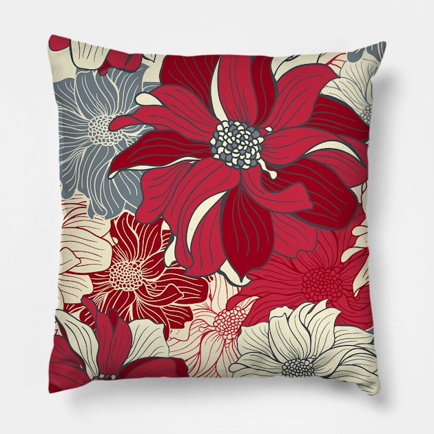 DAHLIAs in cherry red, seamless pattern Pillow by Slanapotam