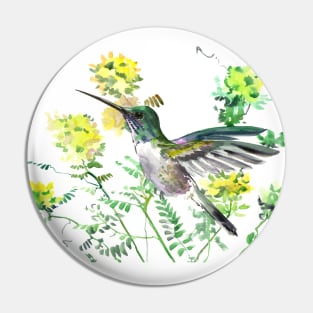 Green Hummingbird And Yellow Flowers Pin