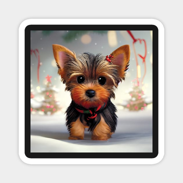 Tiny Cute Yorkshire Terrier Christmas Puppy in the snow Magnet by Geminiartstudio