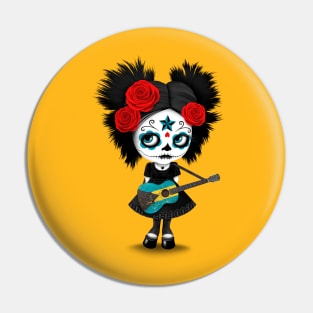 Sugar Skull Girl Playing Bahamas Flag Guitar Pin