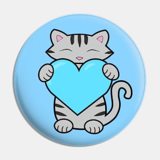 Grey cat holding a blue heart Pin