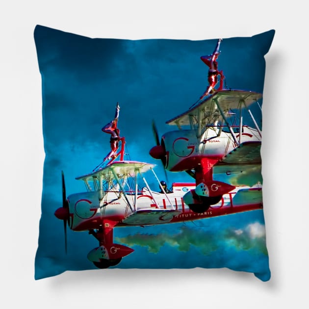 Daredevil Wingwalkers Do Headstands Above Biplanes Pillow by Chris Lord