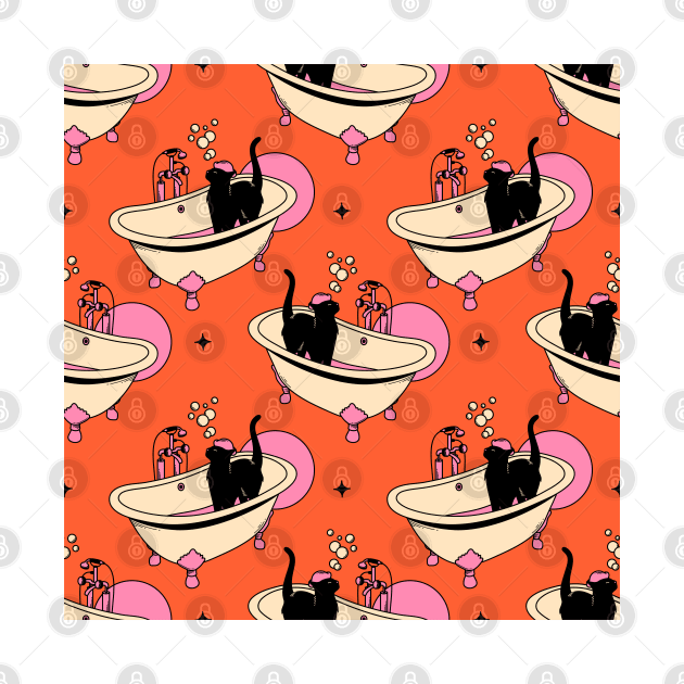 Spa Day Black Cat Pattern in orange by The Charcoal Cat Co.