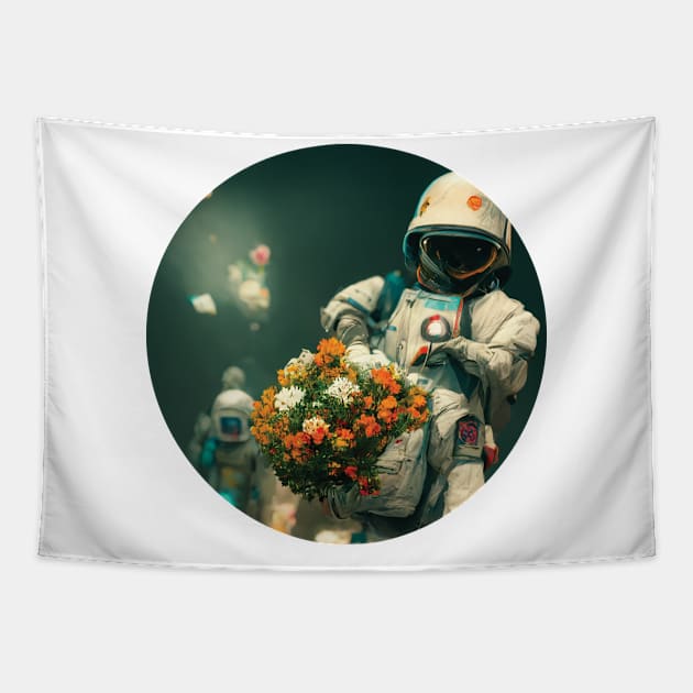 astronaut holding a bunch of flowers Tapestry by NdegCreate