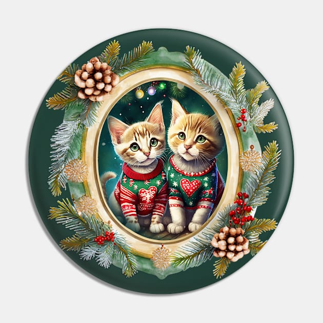 Two cute kittens wearing festive Christmas sweaters with red hearts, in a winter themed picture frame with pinecones and winter berries Pin by WitchDesign