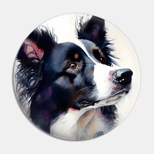 Black and White Border Collie Watercolor Portrait Pin