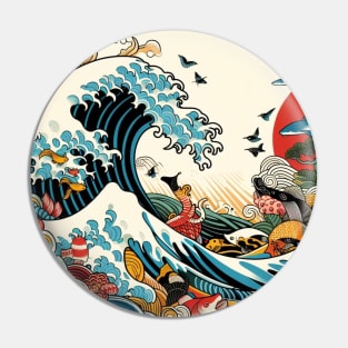 The Sea Wave and Colorfull Fish in Japanese Style Pin