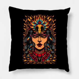 Traditional Tattoo Indian Woman & bird skull Pillow