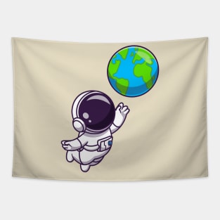 Cute Astronaut Floating With Earth World Cartoon Tapestry