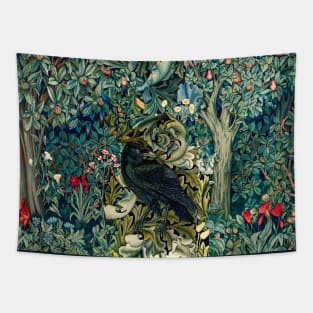 GREENERY, FOREST ANIMALS ,RAVEN ON ACANTHUS LEAVES Blue Green Floral Tapestry