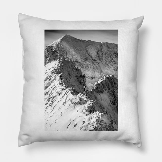 Crib Goch, Snowdon, winter Pillow by geoffshoults