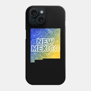 Colorful mandala art map of New Mexico with text in blue and yellow Phone Case