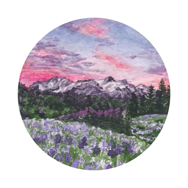 Purple Skies with Mountains and Fields Watercolour Landscape Painting by Flowering Words