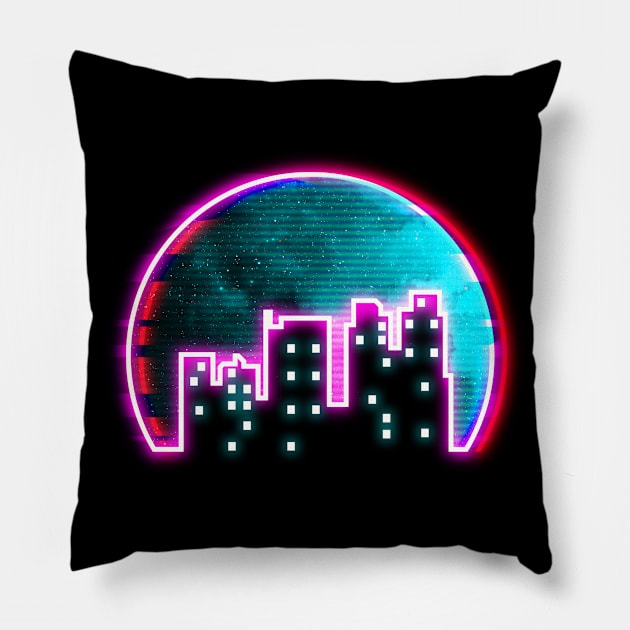 Neon Glitch City Pillow by LeiaHeisenberg