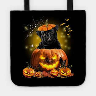 Black Pug Spooky Halloween Pumpkin Dog Head Tote