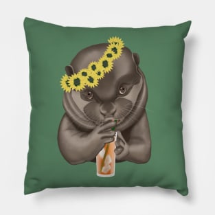 Cute otter with a cocktail and a wreath on his head. Pillow