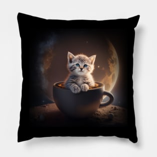 Funny Kitty Cat sitting in a Coffee Mug Space & Galaxy Theme Pillow