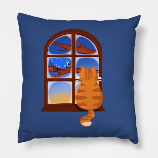 Ginger CAT with Blue bird in early morning Pillow by SusanaDesigns