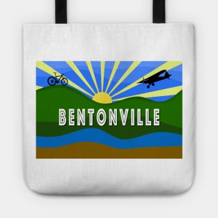 Bentonville, Arkansas design with sunrise, mountain bike and airplane Tote