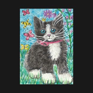 tuxedo kitten cat flowers T-Shirt