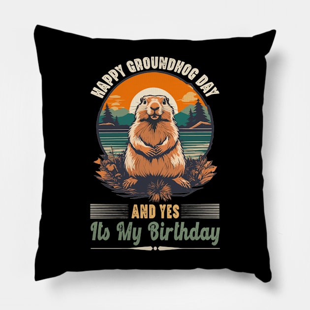 Retro Happy Groundhog Day Funny Birthday Groundhog Lovers Pillow by JUST PINK