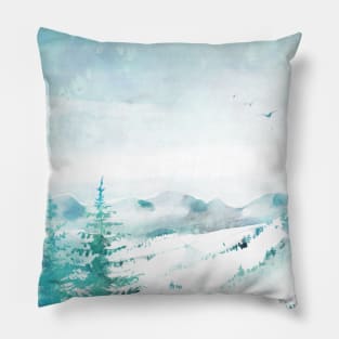 Watercolor Winter Scene Snowy Mountains Pillow