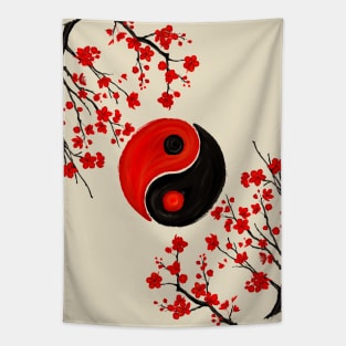 Yin Yang and Sakura Red Blossom Tapestry