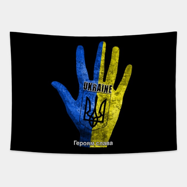 Ukrainian flag on a strong hand gift Tapestry by aeroloversclothing