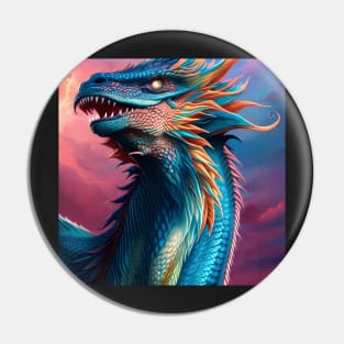 Intricate Rainbow Blue Scaled Dragon at Sunset Pin