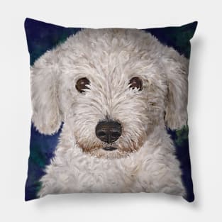 Painting of a Cute Fluffy White Maltipoo Looking at You Pillow