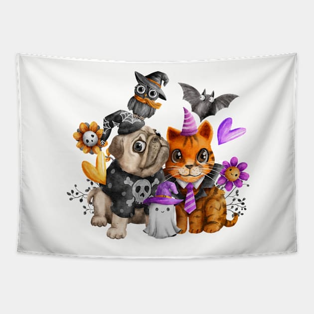 Cat and Dog Halloween Tapestry by Jkinkwell