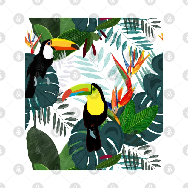 Toucan and bird of paradise flowers Tropical Forest colorful summer by GULSENGUNEL