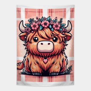 Kawaii highland cow with flower crown Tapestry