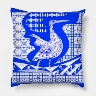 agami heron garza bird in ecopop talavera azulejo pattern wallpaper art in blue Pillow