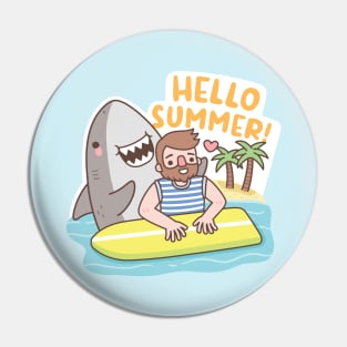 Funny Shark And Surfer, Hello Summer Pin