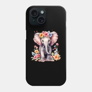 A baby elephant decorated with beautiful watercolor flowers Phone Case