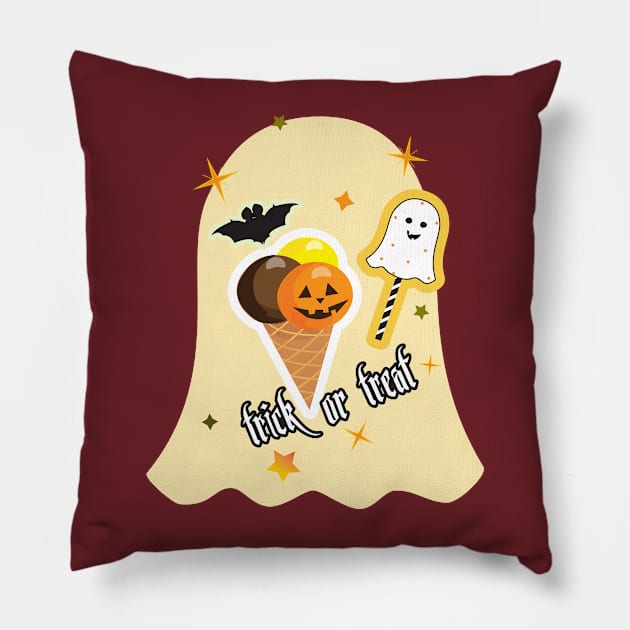 Pumpkin Ice Cream with Waffle Cone and Cute ghost Halloween Holiday cartoon characters sticker Pillow by sofiartmedia