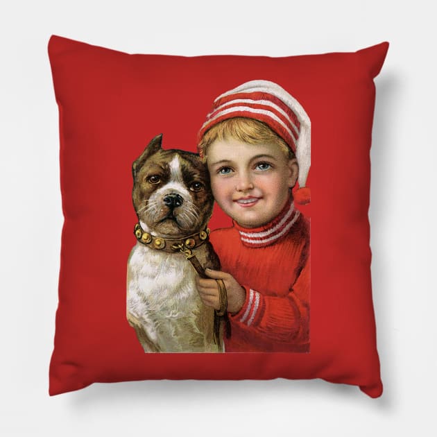 Little boy with Christmas Cap sitting by his pet terrier Pillow by RedThorThreads