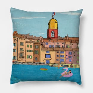 St Tropez Harbour View France Retro Inspired Style Illustration Pillow