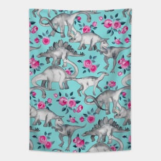 Dinosaurs and Roses – turquoise blue Tapestry