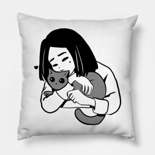 Cute girl and gray cat Pillow