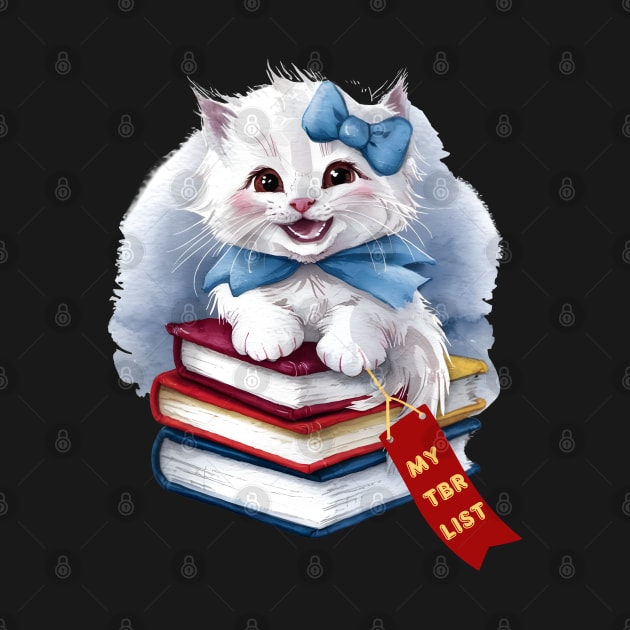 My TBR List Funny Sky Blue Book Stack Cute Coquette Kitten wearing Blue Bow and Ribbon with Red Bookmark for Book Lovers, Book Readers and White Cat Lovers by Motistry