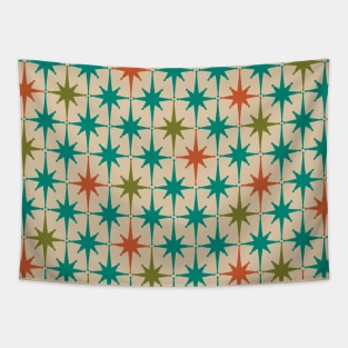 1950s Atomic Age Starburst Pattern in Teal, Orange, and Olive on Mid Mod Beige Tapestry